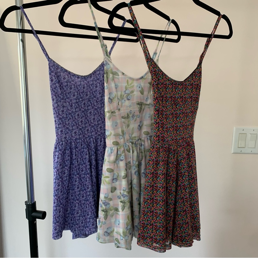 UO Mattie Rompers — Purple Floral, Blueberry Plaid, & Black Floral Prints
